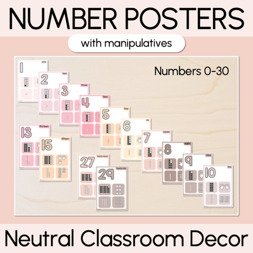 Resource preview 1 for Number Posters 0-30 with ten frames, base ten blocks, tallies & fingers - Neutral Classroom Decor