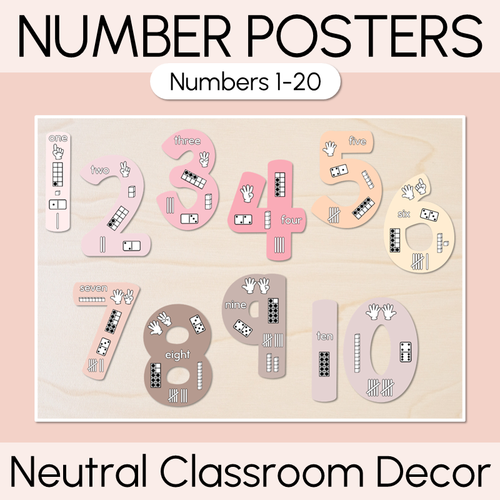 Resource preview 1 for Numbers 1-20 Display with ten frames, base ten blocks, tallies & fingers - Neutral Classroom Decor