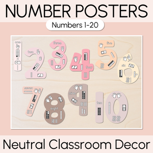 Numbers 1-20 Display with ten frames, base ten blocks, tallies & fingers - Neutral Classroom Decor