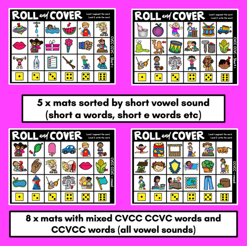 Resource preview 4 for No Prep Phonemic Awareness + Phonics Activity - ROLL & COVER CVCC CCVC CCVCC WORDS