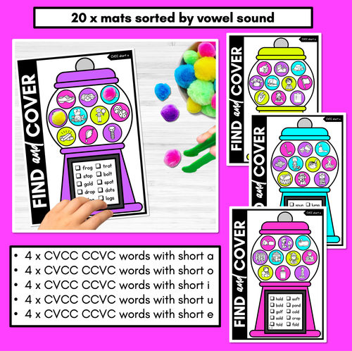 Resource preview 3 for NO PREP CVCC CCVC CCVCC WORD GAMES - Find & Cover - GUMBALL GAMES