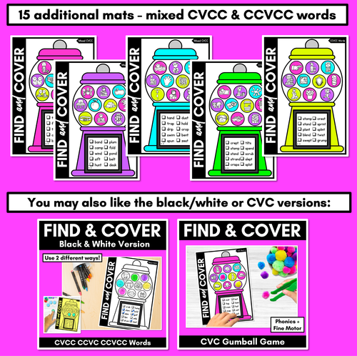 Resource preview 4 for NO PREP CVCC CCVC CCVCC WORD GAMES - Find & Cover - GUMBALL GAMES