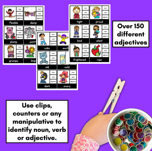 Resource preview 3 for Nouns Verbs Adjective Clip Cards - LOW PREP Parts of Speech Activity