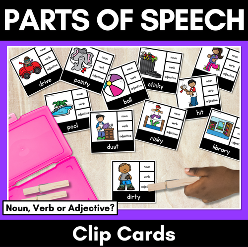 Resource preview 1 for Nouns Verbs Adjective Clip Cards - LOW PREP Parts of Speech Activity