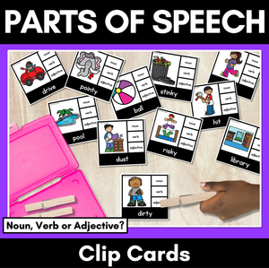 Nouns Verbs Adjective Clip Cards - LOW PREP Parts of Speech Activity