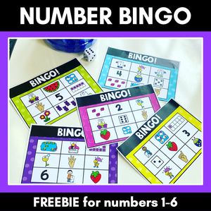 Number Bingo for numbers 1-6 - different ways to represent numbers