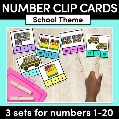 Resource preview 1 for NUMBERS 1-20 CLIP CARDS: School Theme