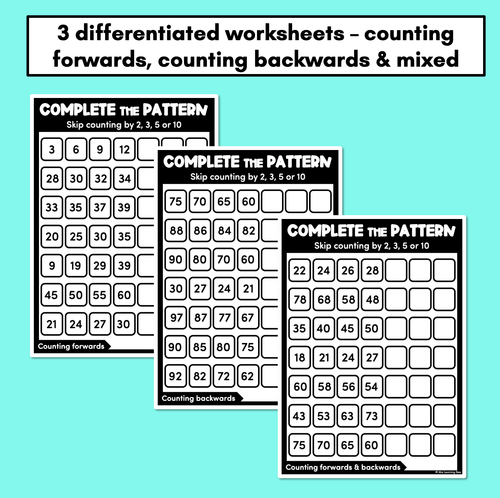 Resource preview 2 for Complete the Pattern Worksheets - Skip Counting by 2, 3, 5 or 10 - Forward & Backward Number Patterns