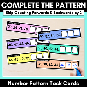 Number Patterns - Complete the Pattern Task Cards - Skip Counting Forwards & Backwards by 2