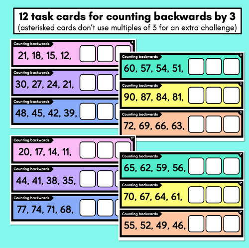 Resource preview 3 for Number Patterns - Complete the Pattern Task Cards - Skip Counting Forwards & Backwards by 3