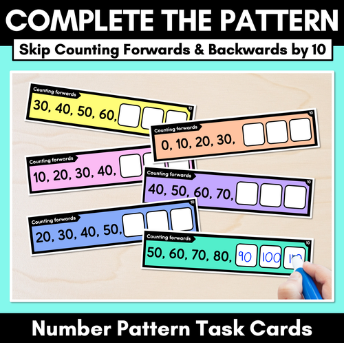 Resource preview 1 for Number Patterns - Complete the Pattern Task Cards - Skip Counting Forwards & Backwards by 10