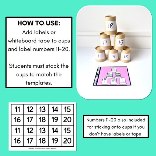 Resource preview 3 for Number Stacks - Cup Stacking Templates - Numbers 11-20 - MIXED MANIPULATIVES