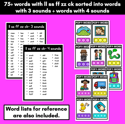 Resource preview 4 for LL SS FF ZZ CK WORDS POPPIT TASK CARDS - Phonemic Awareness + Word Mapping