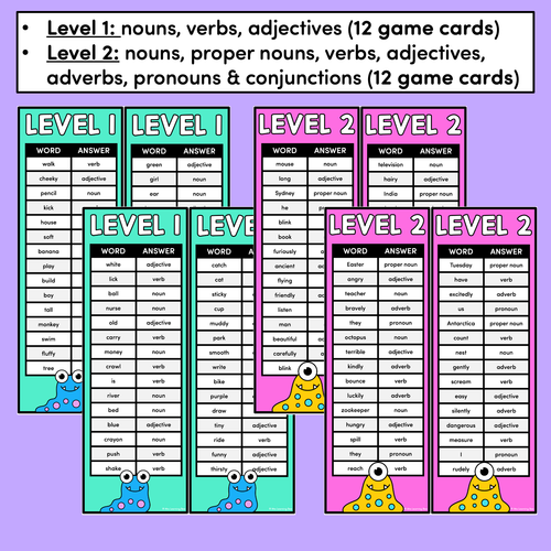 Resource preview 3 for Parts of Speech Grammar Game - Nouns, Verbs, Adjectives, Adverbs, Pronouns, Proper Nouns, Conjunctions