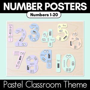 Numbers 1-20 Display with ten frames, base ten blocks, tallies & fingers - Pastel Classroom Decor