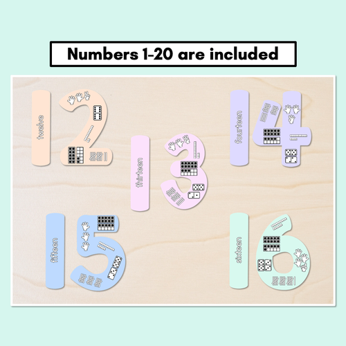 Resource preview 3 for Numbers 1-20 Display with ten frames, base ten blocks, tallies & fingers - Pastel Classroom Decor