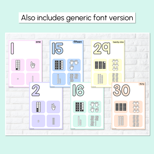 Resource preview 4 for Pastel Classroom Decor - Number Posters 1-30 with ten frames, base ten blocks, tallies & fingers