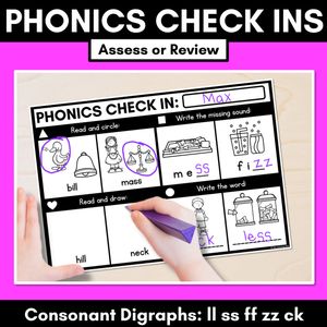 PHONICS CHECK INS - Consonant Digraphs ll ss ff zz ck - No Prep Phonics Assessments