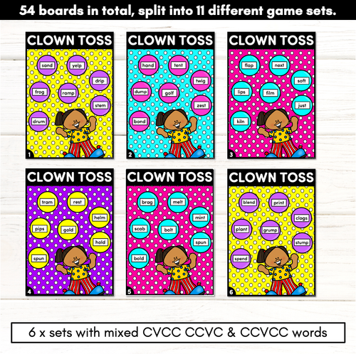 Resource preview 4 for CVCC CCVC CCVCC Words Phonics Game - CLOWN TOSS Literacy Center for Kindergarten