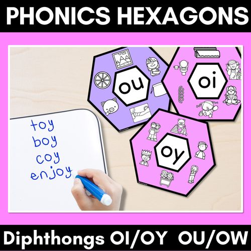 Resource preview 1 for Diphthong OI/OY OU/OW Words Phonics Activity - Phonics Hexagons