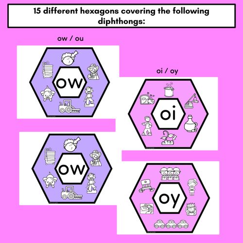 Resource preview 3 for Diphthong OI/OY OU/OW Words Phonics Activity - Phonics Hexagons