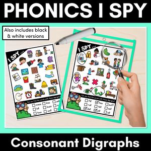 I SPY for CONSONANT DIGRAPH WORDS - Kindergarten and 1st Grade Phonics Activities