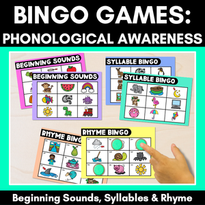 Phonological Awareness Bingo - Beginning Sounds, Rhyme , Syllables