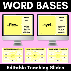 WORD BASE TEACHING SLIDES - Slides with meaning, word origin & examples