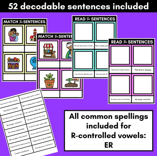 Resource preview 2 for R-Controlled Vowels ER Phoneme Decodable Sentence Mats - Read & Match