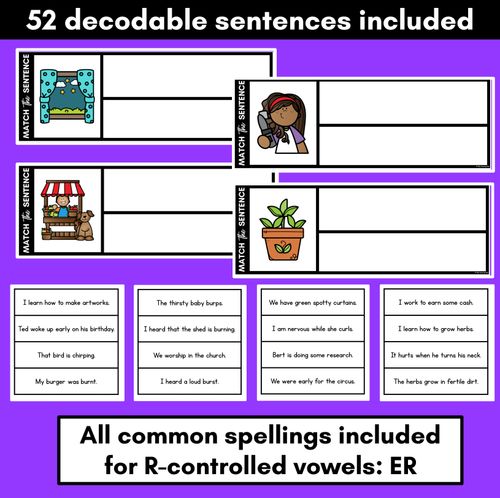 Resource preview 2 for R-Controlled Vowels ER Phoneme Decodable Sentences - Read, Match & Write