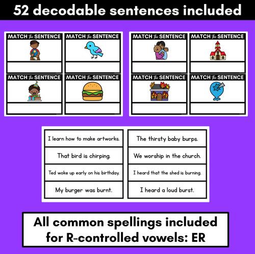 Resource preview 3 for R-Controlled Vowels ER Phoneme Decodable Sentences - Read & Match