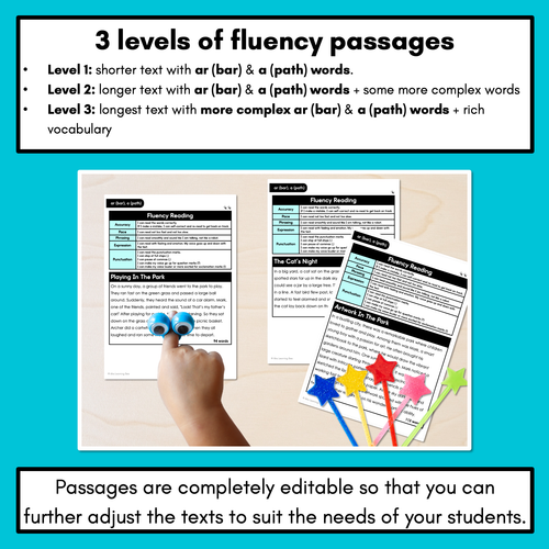 Resource preview 2 for Editable Differentiated Decodable Fluency Texts - ar (bar), a (path)