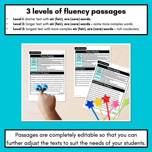 Resource preview 2 for Editable Differentiated Decodable Fluency Texts - air (fair), are (care)