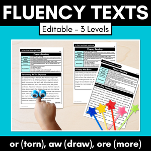 Editable Differentiated Decodable Fluency Texts - or (torn), aw (draw), ore (more)