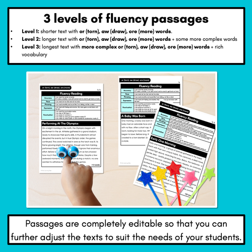 Resource preview 2 for Editable Differentiated Decodable Fluency Texts - or (torn), aw (draw), ore (more)