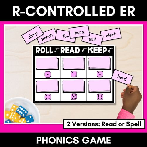 Resource preview 1 for R-CONTROLLED VOWEL ER PHONICS GAME - Roll It, Read It or Spell It, Keep It