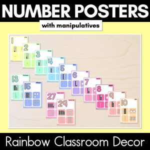 Number Posters 1-30 with ten frames, base ten blocks, tallies & fingers - Rainbow Classroom Decor