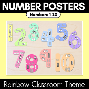 Numbers 1-20 Display with ten frames, base ten blocks, tallies & fingers - Rainbow Classroom Decor