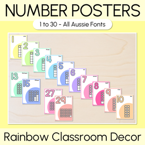 Number Posters with ten frames 1-30 - Rainbow Classroom Decor