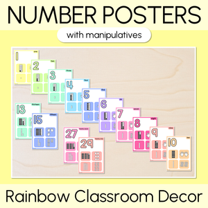 Number Posters 1-30 with ten frames, base ten blocks, tallies & fingers - Rainbow Classroom Decor