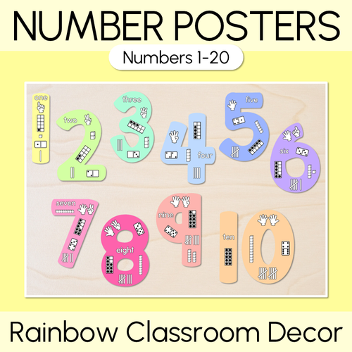 Resource preview 1 for Numbers 1-20 Display with ten frames, base ten blocks, tallies & fingers - Rainbow Classroom Decor