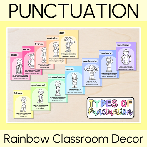 Punctuation Posters - Rainbow Classroom Decor - Mrs Learning Bee