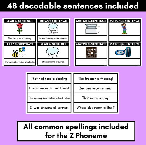 Resource preview 2 for Z Phoneme Decodable Sentences - Read & Match