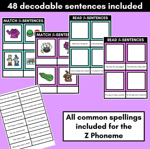 Resource preview 2 for Z Phoneme Decodable Sentence Mats - Read & Match