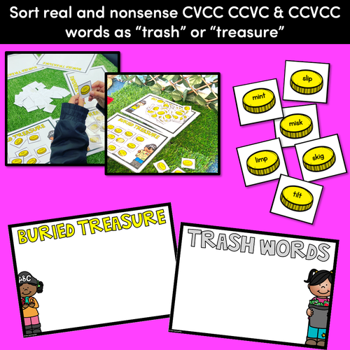 Resource preview 2 for Real and Nonsense CVCC CCVC CCVCC Words Phonics Game - BURIED TREASURE