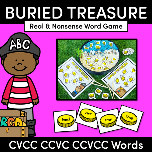 Resource preview 1 for Real and Nonsense CVCC CCVC CCVCC Words Phonics Game - BURIED TREASURE