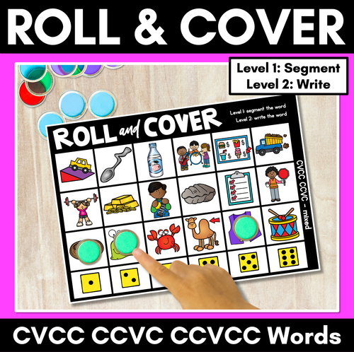 Resource preview 2 for No Prep Phonemic Awareness + Phonics Game Bundle - ROLL & COVER CVC & CCVC WORDS