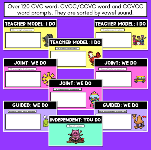 Resource preview 4 for Sentence Stimulus Slides - CVC Words, CVCC/CCVC Words, CCVCC Words - Decodable Word Prompts for Sentence of the Day