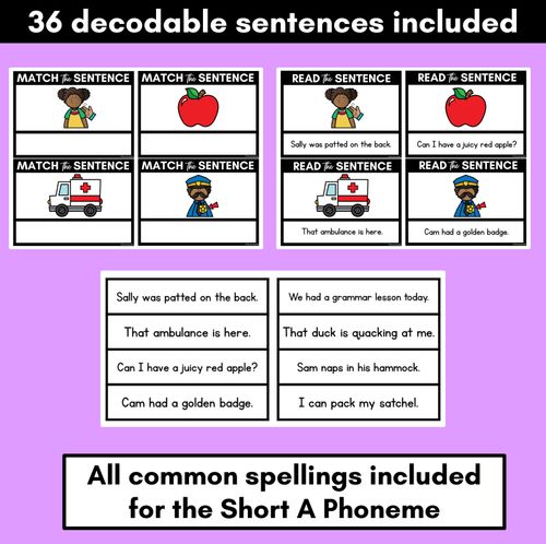 Resource preview 3 for Short A Phoneme Decodable Sentences - Read & Match