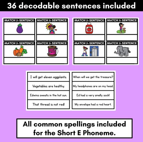 Resource preview 3 for Short E Phoneme Decodable Sentences - Read & Match